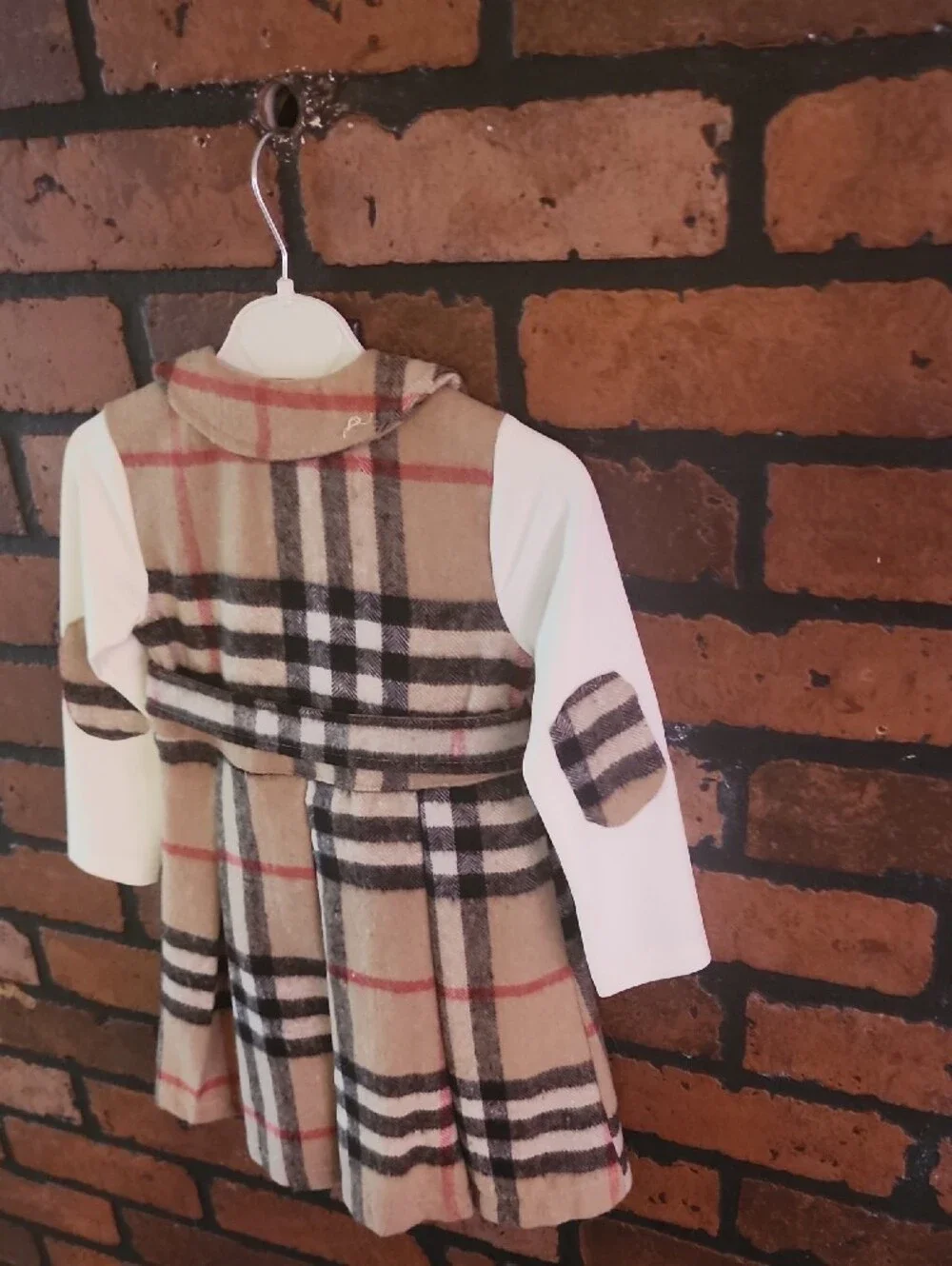 Girls Beige Plaid Dress with White Long Sleeves